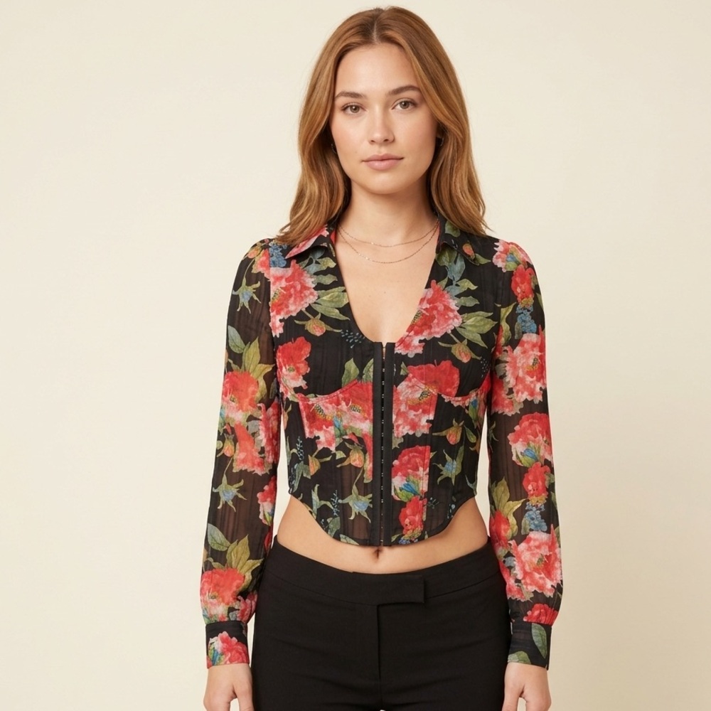 Bebe Corset Hook & Eye Blouse Black Floral Sheer‎ Size 2